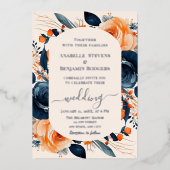 燃えエレガントたオレンジとネイビーブルーのフローラ結婚 箔招待状 (正面)