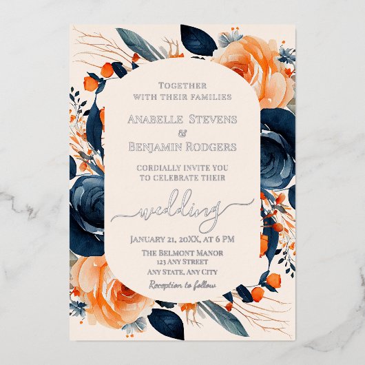 燃えエレガントたオレンジとネイビーブルーのフローラ結婚 箔招待状 (正面)