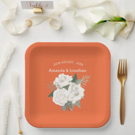 燃えエレガントるオレンジ&ホワイトローズ結婚ズ ペーパープレート (ウェディング)