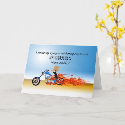 燃えカスタマイズるオートバイのハッピーバースデー カード (黄色い花)