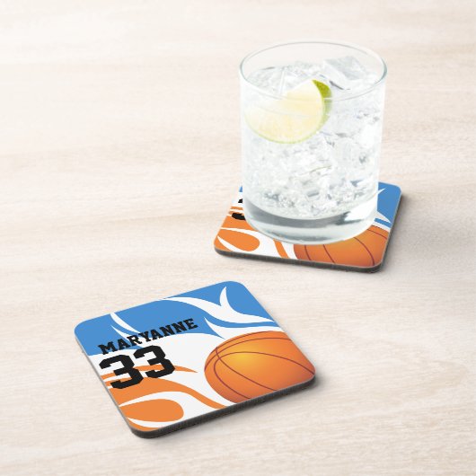 燃えパーソナライズされたるバスケットボールブルーとオレンジ コースター (右側)