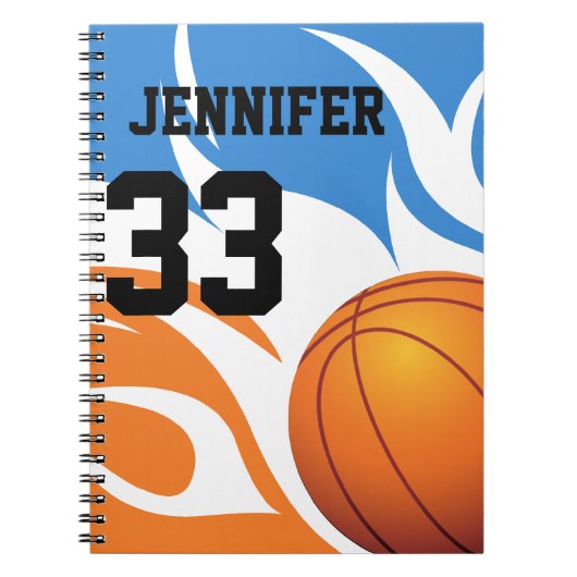 燃えパーソナライズされたるバスケットボールブルーとオレンジ ノートブック (正面)