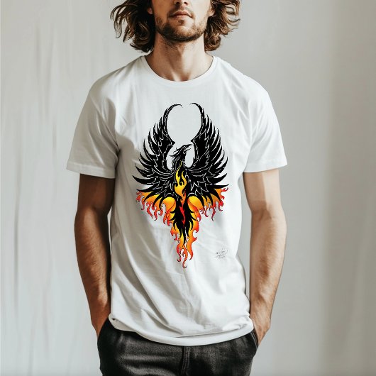 燃え上がるフェニックス・ライジング・ファイアーバード・ブラック・トライバル・フレイムズ Tシャツ