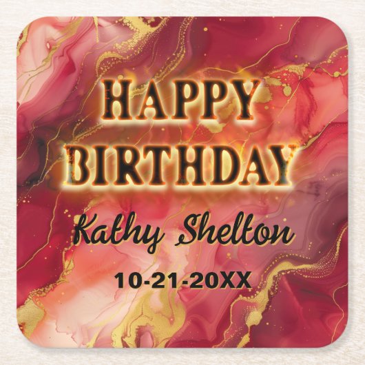 燃え上がるホットレッドと金ゴールドアルコールインク スクエアペーパーコースター (正面)