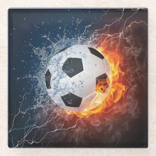 燃え盛りサッカー/サッカーボール装飾用クッション ガラスコースター (正面)