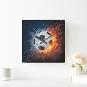 燃え盛りサッカー/サッカーボール装飾用クッション スクエア壁時計 (ホーム)