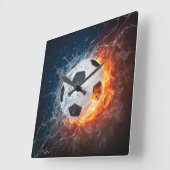 燃え盛りサッカー/サッカーボール装飾用クッション スクエア壁時計 (傾斜)