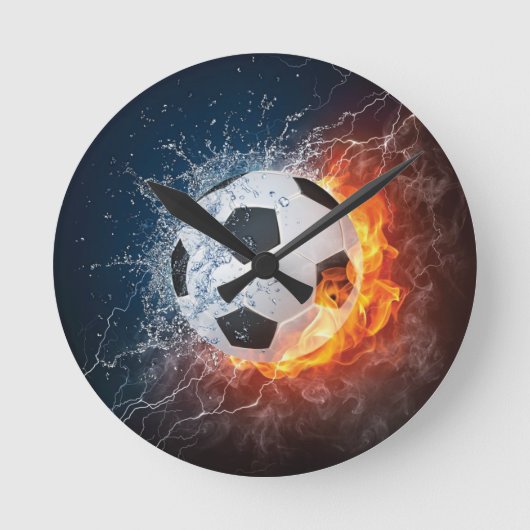 燃え盛りサッカー/サッカーボール装飾用クッション ラウンド壁時計 (正面)