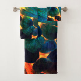 燃え盛る火山性溶岩や火の上に浮かぶ貝殻 バスタオルセット