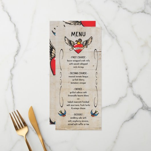 燃え盛る翼ハートタトゥー結婚式招待状 メニュー (正面/裏面インサイチュ)