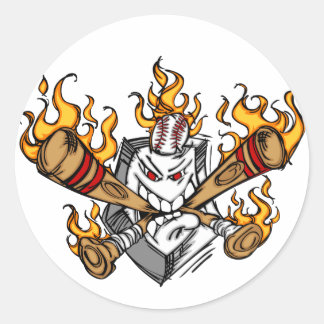 燃え盛る野球こうもり漫画顔シール ラウンドシール