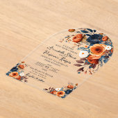 燃え素朴たオレンジとブルーの結婚式招待状 アクリル招待状 (レイダウン)