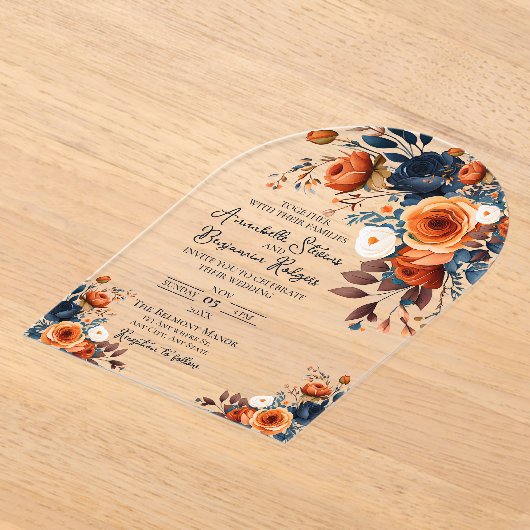 燃え素朴たオレンジとブルーの結婚式招待状 アクリル招待状 (レイダウン)