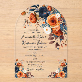 燃え素朴たオレンジとブルーの結婚式招待状 アクリル招待状