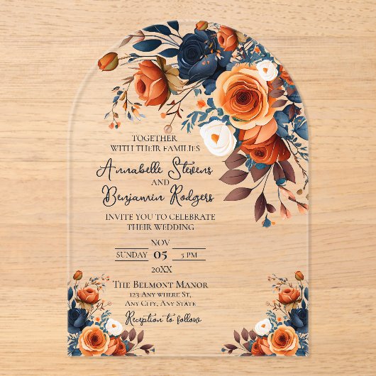 燃え素朴たオレンジとブルーの結婚式招待状 アクリル招待状 (正面)