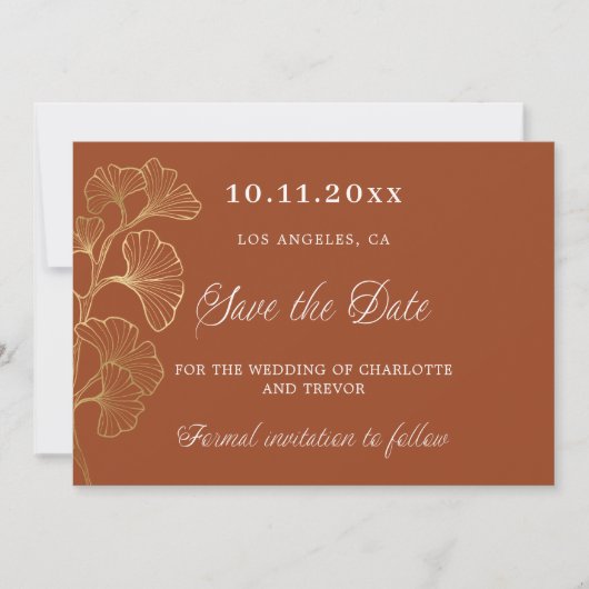 燃え結婚たオレンジ色の銀杏金ゴールド セーブザデート (正面)