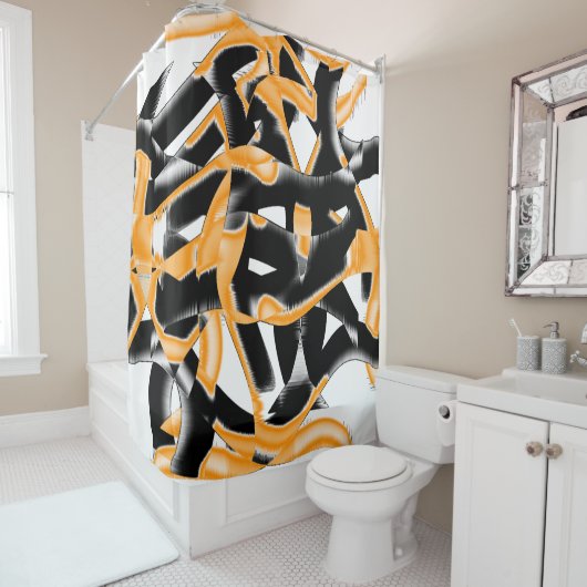 燃え風変わりたテープのメドレー、オレンジ色の白いスクラッチ シャワーカーテン (インサイチュ)
