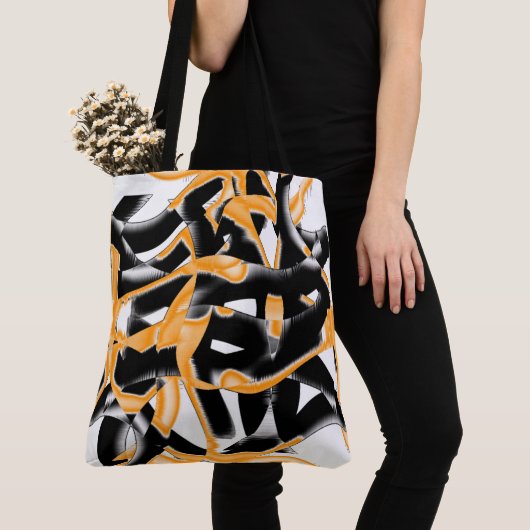 燃え風変わりたテープのメドレー、オレンジ色の白いスクラッチ トートバッグ (クローズアップ)