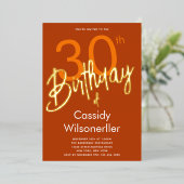 燃はっきりした焼オレンジ30歳の誕生日金ゴールド 箔招待状 (立ち正面)