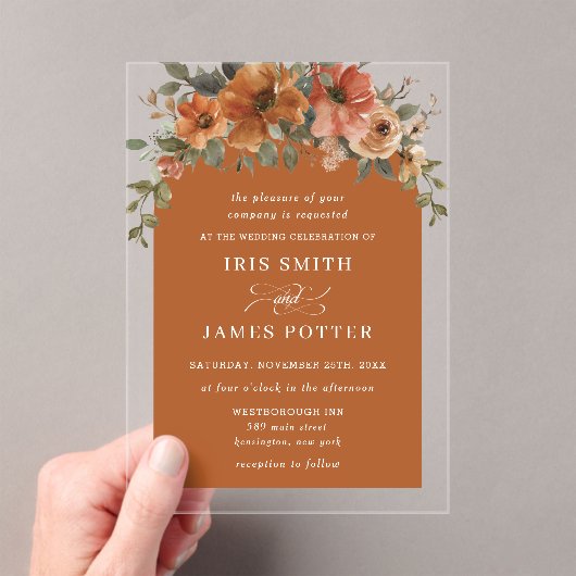 燃エレガント焼オレンジさび銅フローラ結婚 アクリル招待状 (インサイチュ (ポータブル))
