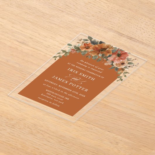 燃エレガント焼オレンジさび銅フローラ結婚 アクリル招待状 (レイダウン)