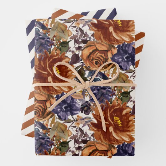 燃エレガント焼オレンジネイビーブルー秋秋フローラ ラッピングペーパーシート (インサイチュ)