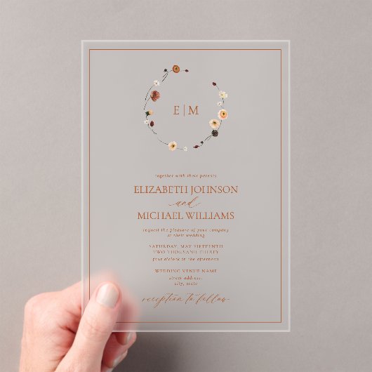 燃エレガント焼オレンジフローラクレストモノグラム結婚ズ アクリル招待状 (インサイチュ (ポータブル))