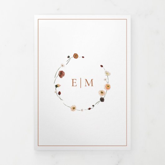 燃エレガント焼オレンジフローラクレストモノグラム結婚ズ 三つ折り招待状 (カバー)