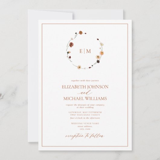 燃エレガント焼オレンジフローラクレストモノグラム結婚ズ 招待状 (正面)