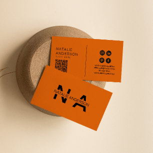 燃エレガント焼オレンジ色QRコードモノグラムロゴボホ 名刺