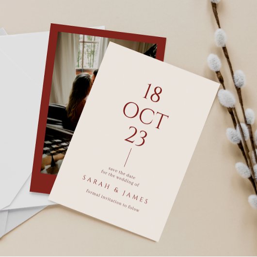 燃モダンえたオレンジ色のタイポグラフィフォト結婚ズ セーブザデート