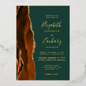 燃モダン焼オレンジアガテエメラルドグリーン結婚ズ 箔招待状 (正面)