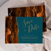 燃モダン焼オレンジ色の金ゴールド瑪瑙ティール（緑がかった色）日付の保存 招待状