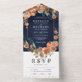 燃モダン自然焼したオレンジ色のフローラ海軍結婚の オールインワン招待状 (内側)