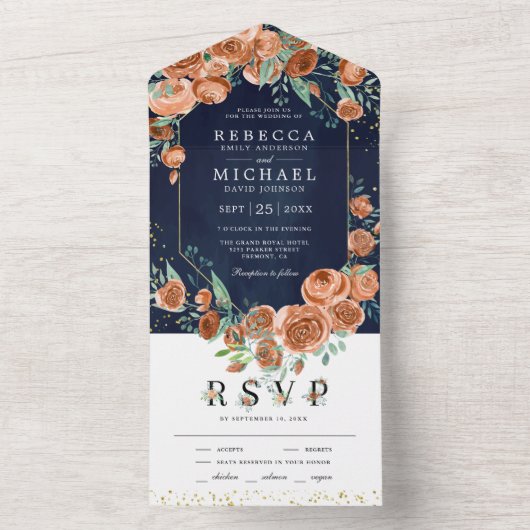 燃モダン自然焼したオレンジ色のフローラ海軍結婚の オールインワン招待状 (内側)