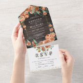 燃モダン自然焼オレンジフローラ結婚ウッド オールインワン招待状 (貼ってはがせる)