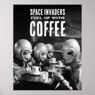 燃料アップとコーヒー宇宙インベーダーズヴィンテージ写真 ポスター