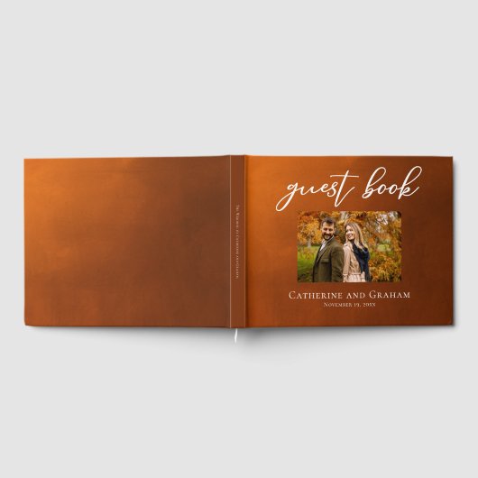 燃素朴えたオレンジ色のカップル写真秋結婚の ゲストブック (全面)