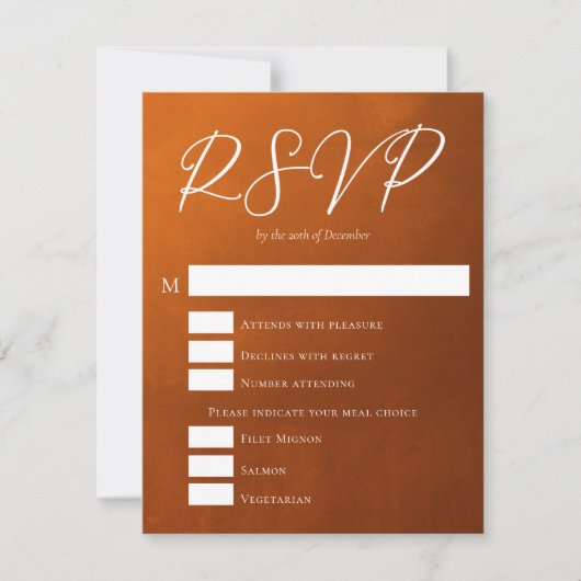 燃素朴えたオレンジ色の食事の選択の秋結婚の 出欠カード (正面)
