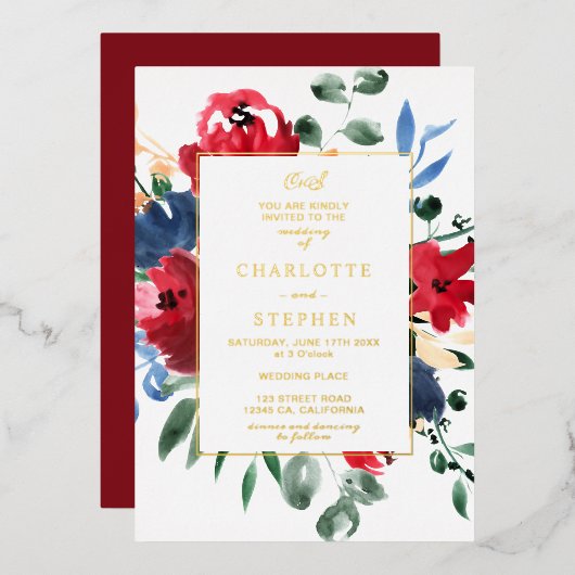 燃素朴料フローラ水色金ゴールド結婚 箔招待状 (正面/裏面)