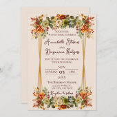 燃素朴焼オレンジとモスグリーンバラ結婚 招待状 (正面/裏面)