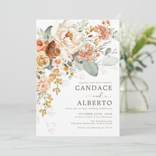 燃素朴焼オレンジクリームフラワーブーケ結婚ーズI 招待状 (スタンド正面)