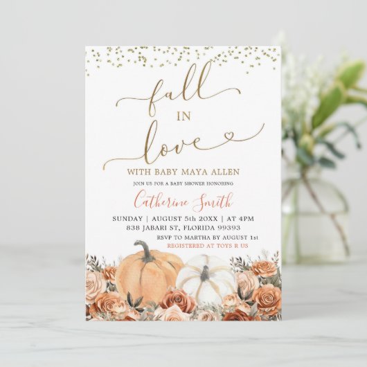 燃素朴焼オレンジ色のフローラカボチャ赤ちゃんシャワー 招待状 (スタンド正面)