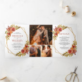 燃素朴焼オレンジ色のフローラジオメトリックフレー結婚ム 三つ折り招待状 (内部)