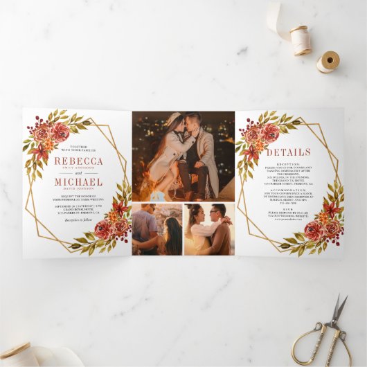 燃素朴焼オレンジ色のフローラジオメトリックフレー結婚ム 三つ折り招待状 (内部)