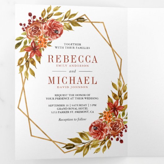 燃素朴焼オレンジ色のフローラジオメトリックフレー結婚ム 三つ折り招待状 (内部最初)