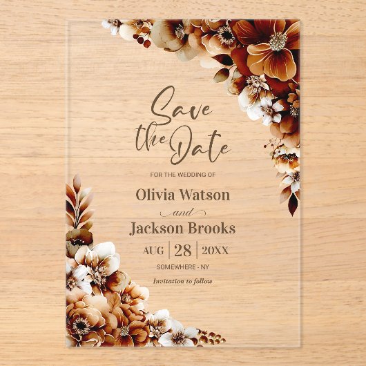 燃素朴焼オレンジ色のフローラ結婚式の日付を保存 アクリル招待状 (正面)