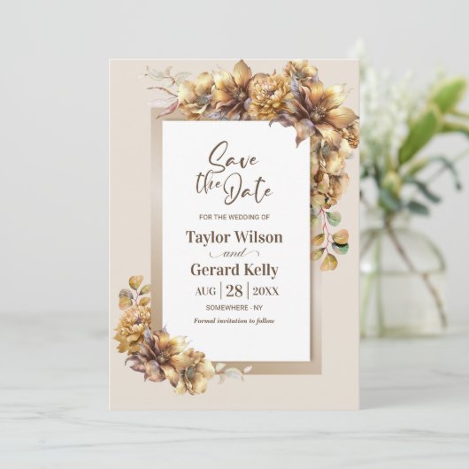 燃素朴焼オレンジ色のフローラ結婚式の日付を保存 セーブザデート (スタンド正面)