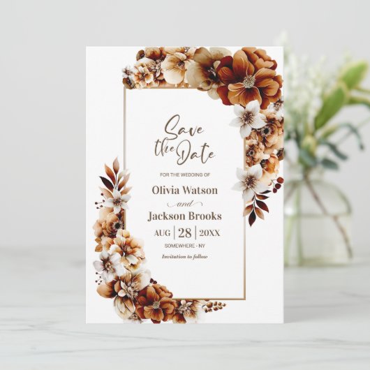 燃素朴焼オレンジ色のフローラ結婚式の日付を保存 セーブザデート (スタンド正面)