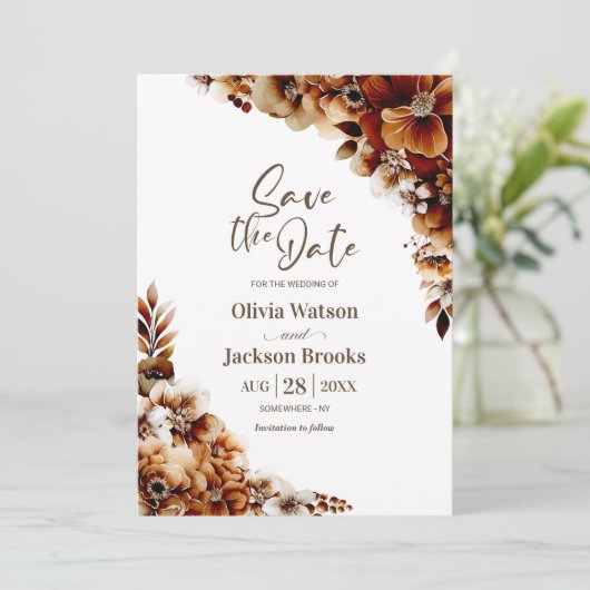 燃素朴焼オレンジ色のフローラ結婚式の日付を保存 招待状 (スタンド正面)